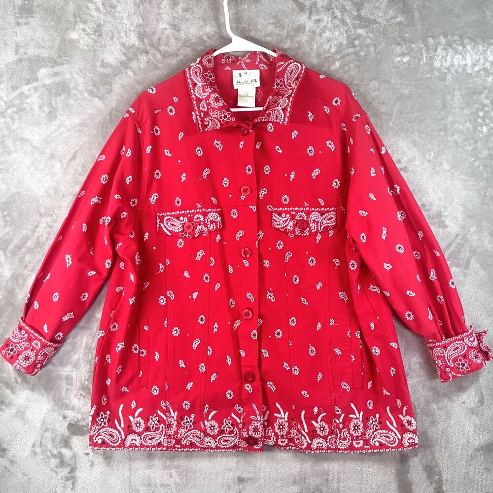 Quacker Factory Women's 1X Red Bandana Paisley Beaded Rhinestone Western Jacket
